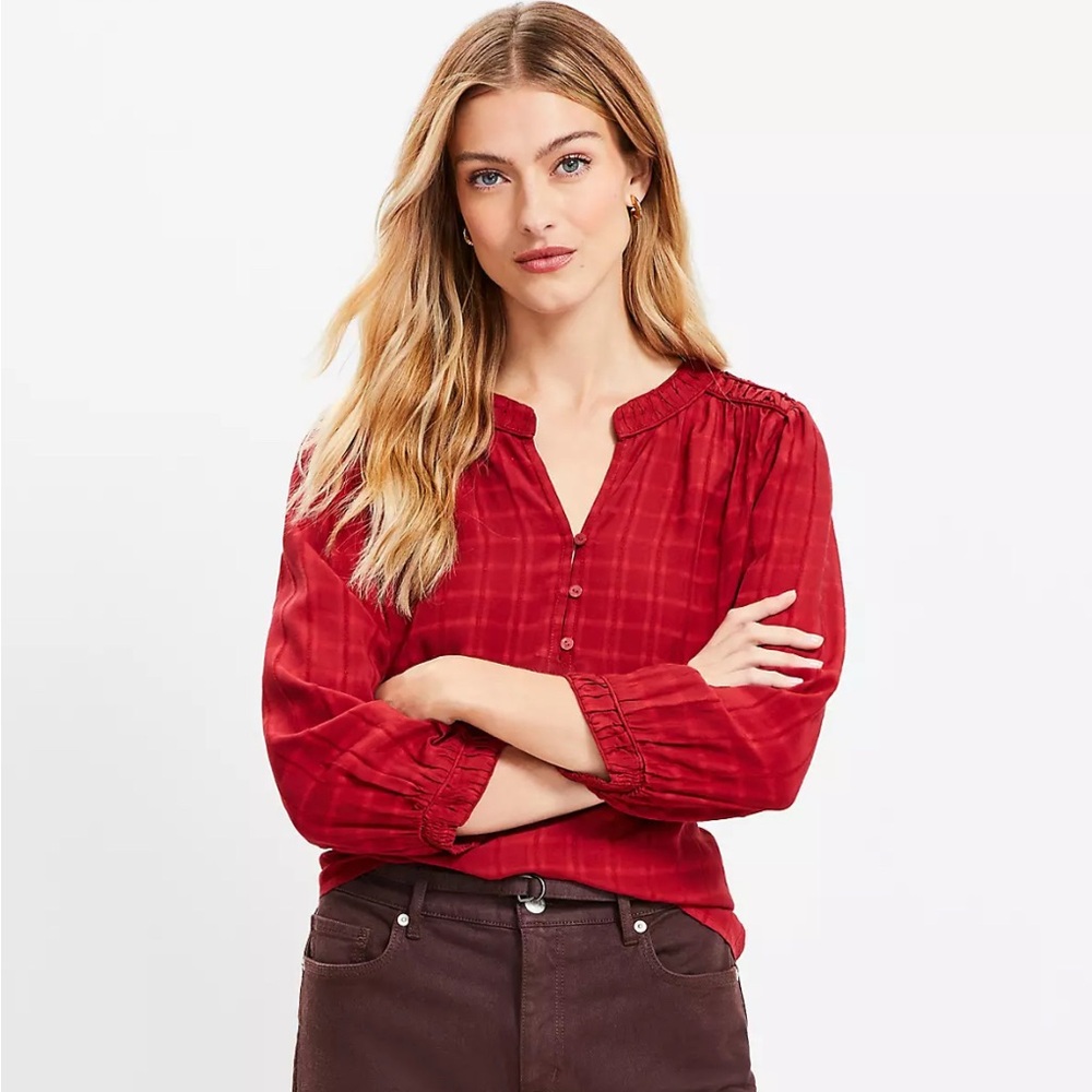 Red Dobby Stripe Ruched Shoulder Blouse